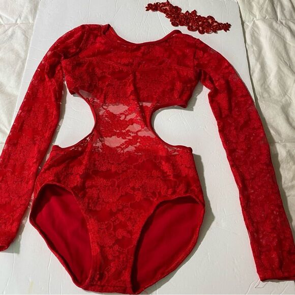 Weissman Elite dance costume red Lace Open Back Leotard long sleev SL10073 MC - Picture 2 of 10